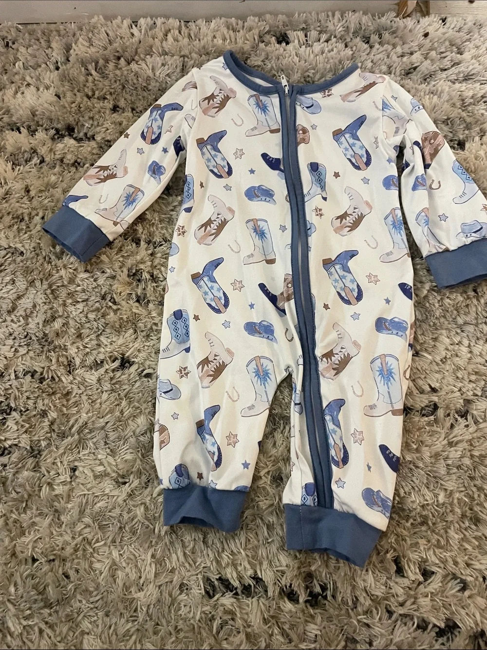 Blue Cowboy Boot Print Baby One-Piece Zipper Romper